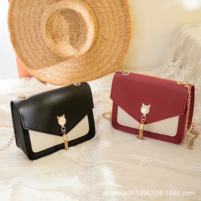 Women's Bag New Sweet and Cute Cat Tassel Decoration Chain One Shoulder Small Square Bag Casual Messenger Bag