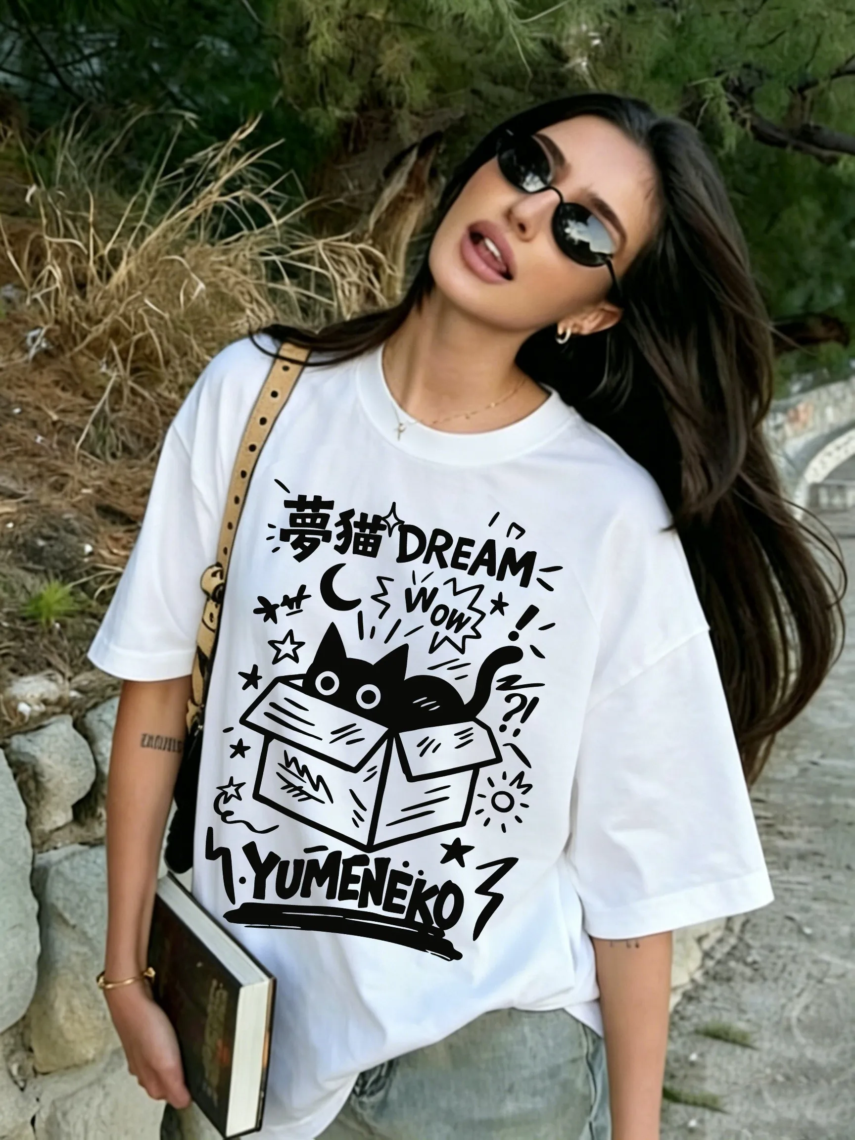 Wow Cartoon Dream Box Cat Print O-Neck Soft T-Shirt Womans Summer Cotton Comfortable Short Sleeve All-Match Casual Loose Top