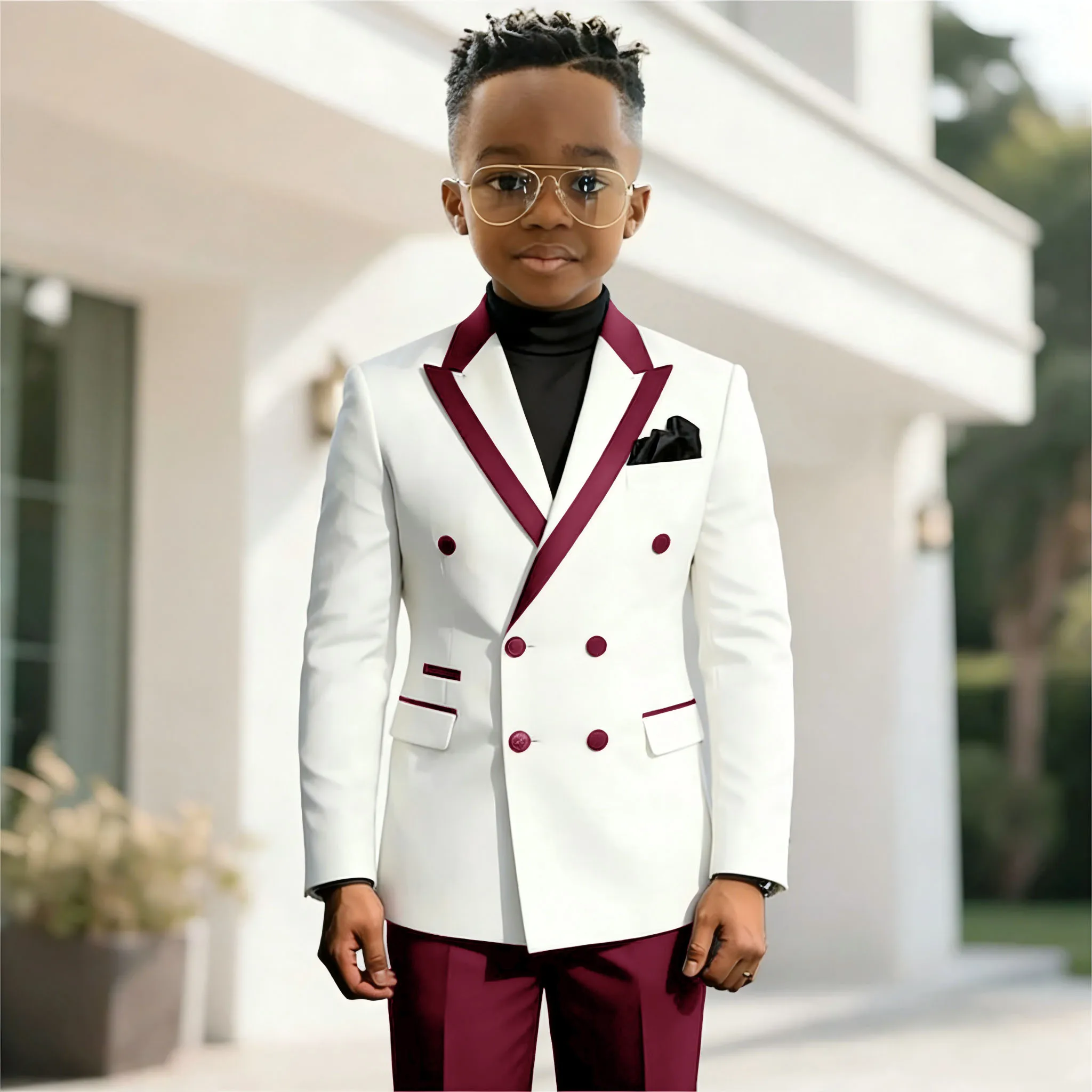 

White And Burgundy Boys Suit Fashion Wedding Tuxedo 2-piece Set Peaked Collar Jacket Double Breasted Blazer Pants for Party