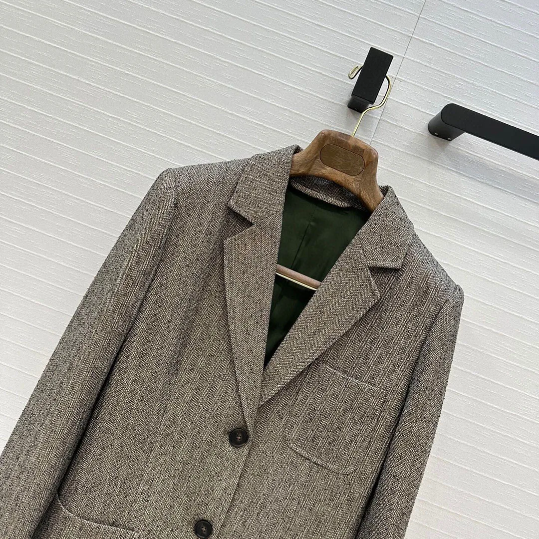 

Brown Blazer Jacket Women New Autumn Winter Notched Pocket Single Breasted Long Sleeve Office Suit Coat