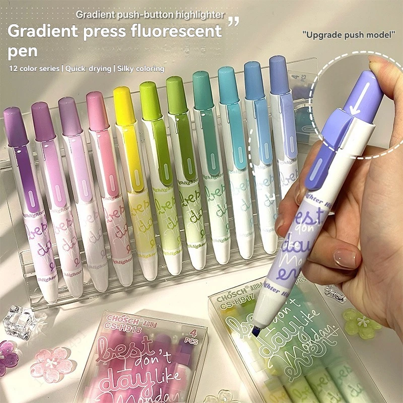 4-12 Colors Retractable Gradient Highlighters, Cute Press Ty