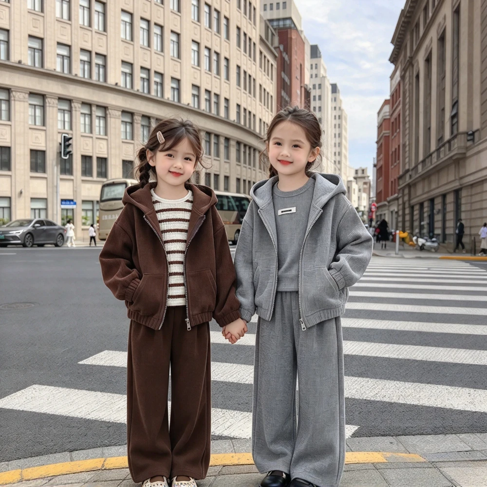 Spring and Autumn New Grey Brown Children's Sports and Leisure Set Daily Girls' Clothing Long Sleeve Hoodie + Tank Top + Pants
