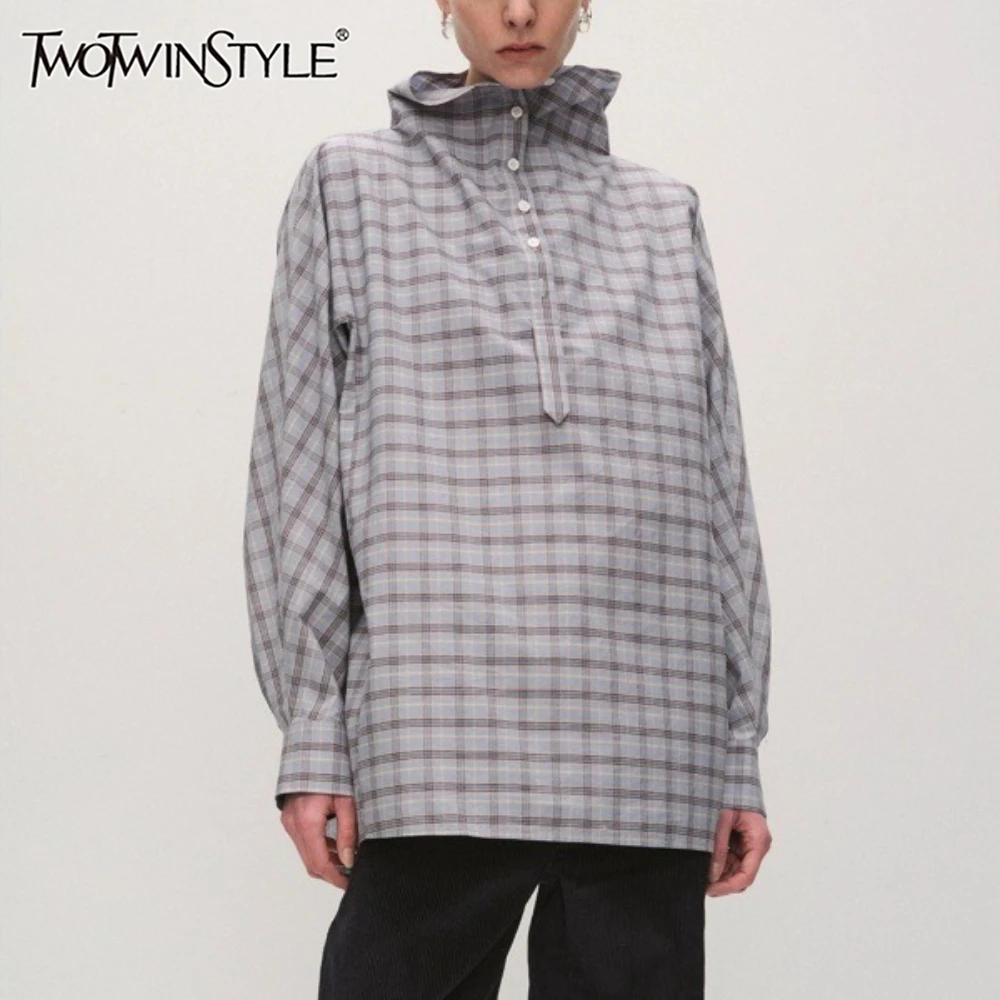 

TWOTWINSTYLE хитовая цветная клетчатая рубашка женская с воротником-стойкой и длинным рукавом свободные минималистичные женские рубашки модные новые