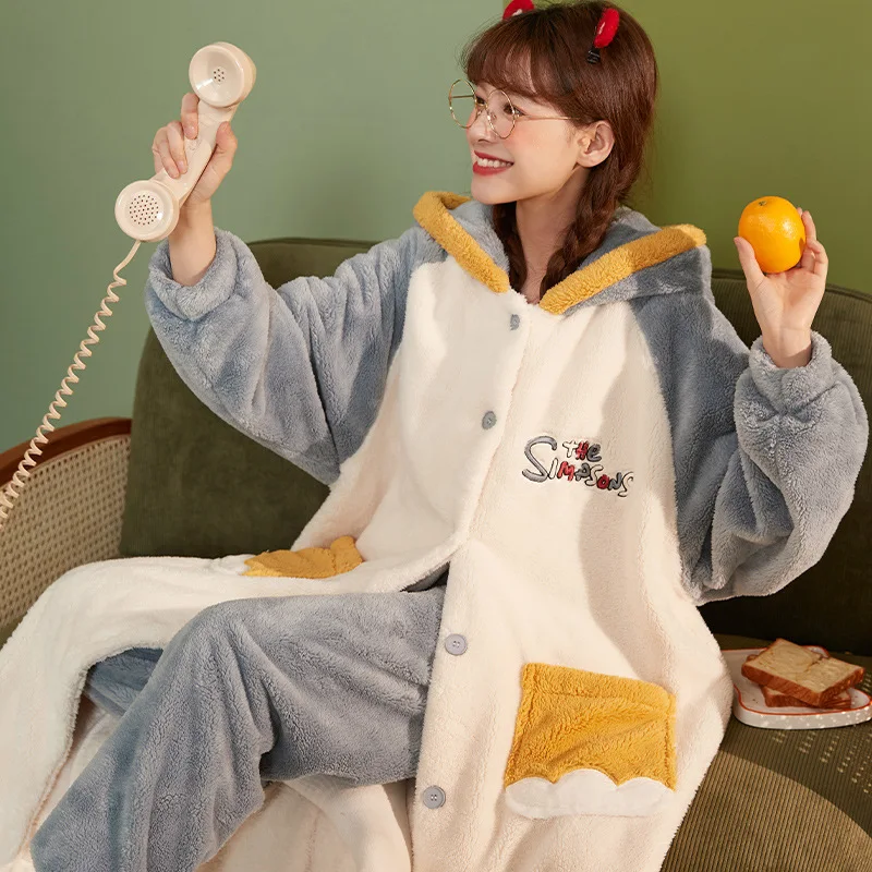 

Autunm Winter New Women Flannel Dress Homewear Lady Loose Casual Sleepwear Female Cartoon Long Sleeve Coral Velvet Nightwear