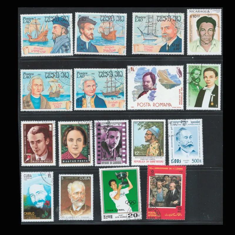 100 verschiedene, berühmte Persönlichkeiten als Motiv für echte Briefmarken, Sammelbriefmarken, Material für Scrapbooking. – Detail 2