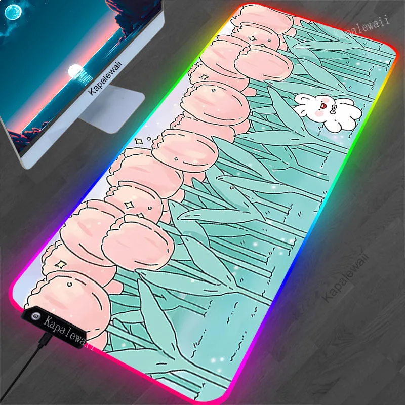 Grand tapis de souris RGB à fleurs roses, LED, pour gamer, tapis de table, clavier, média, 90x40cm