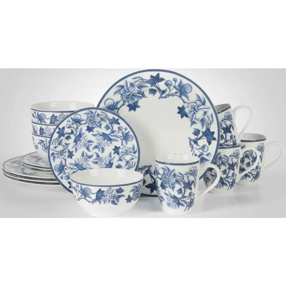 

Vintage Blue Stoneware Dinnerware Set for 4 - Durable Chip-Resistant Plates Bowls, Elegant Rustic Kitchen Tableware