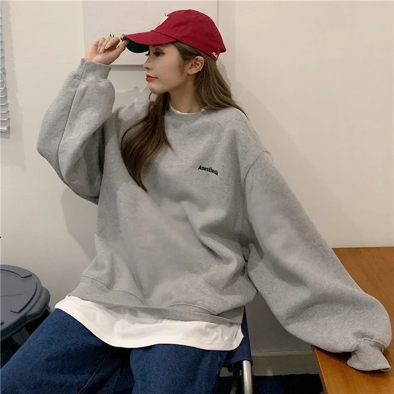 Orange Gray Sweatshirt Women M-XL Fake Two Piece Oversized Hoodie Female Loose Korean Fleece Letter Embroidery 2024 Streetwear