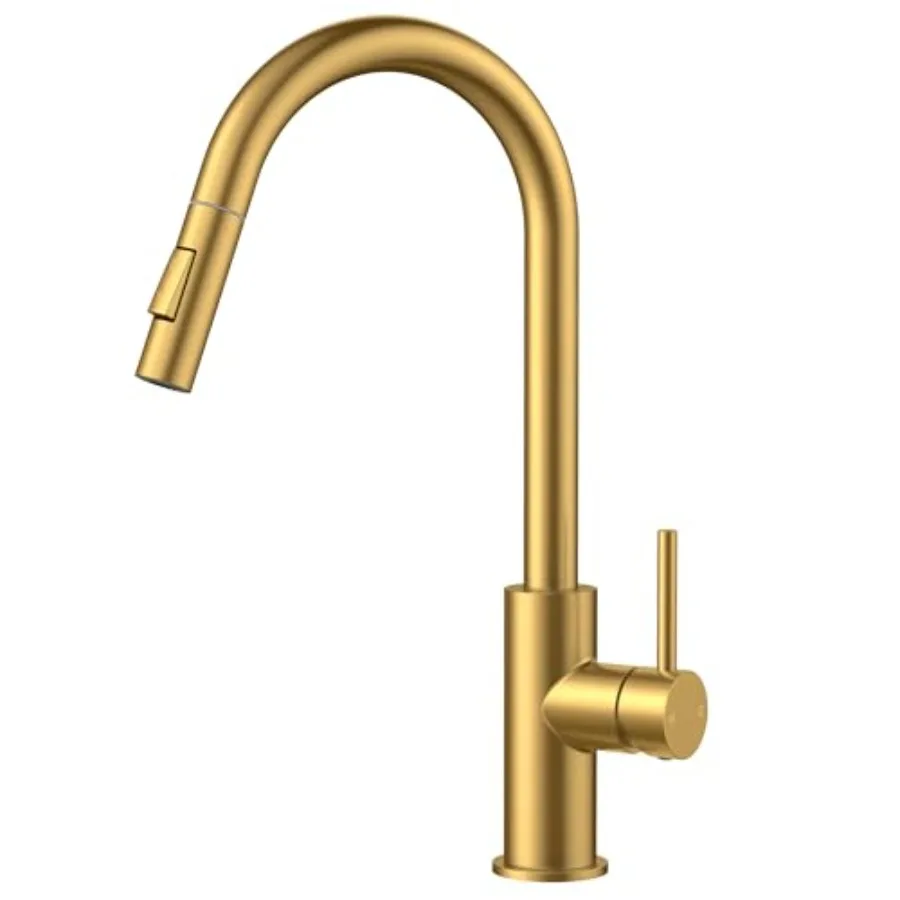 

Modern high arc gooseneck kitchen faucet with pull-down sprayer and brushless brass finish featuring CUPC certified ceramic car