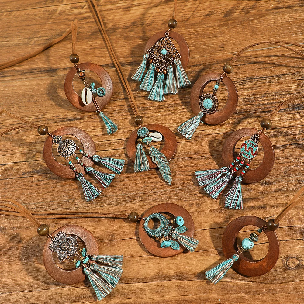 Boho Vintage Necklaces Layered Pendent Necklace Wipe Green Tassel Sweater Chain Multiple Styles Tribal Jewelry Daily Wear Gifts