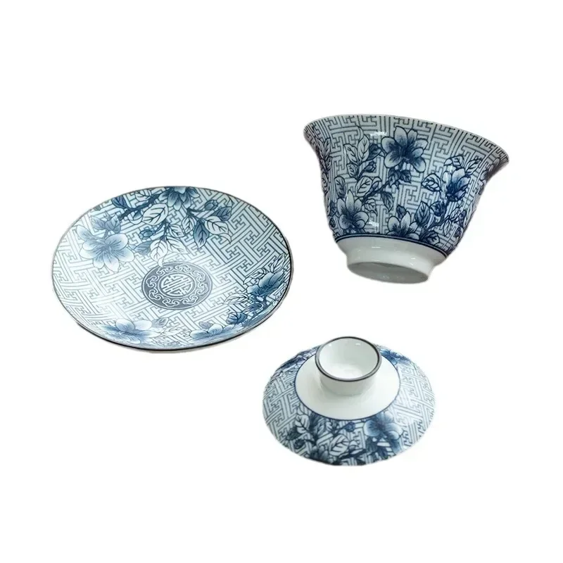 Retro Blue and White Porcelain in Glaze Decoration, High Temperature Fired Ceramic Gaiwan, Kung Fu Tea Set, Brewing Household