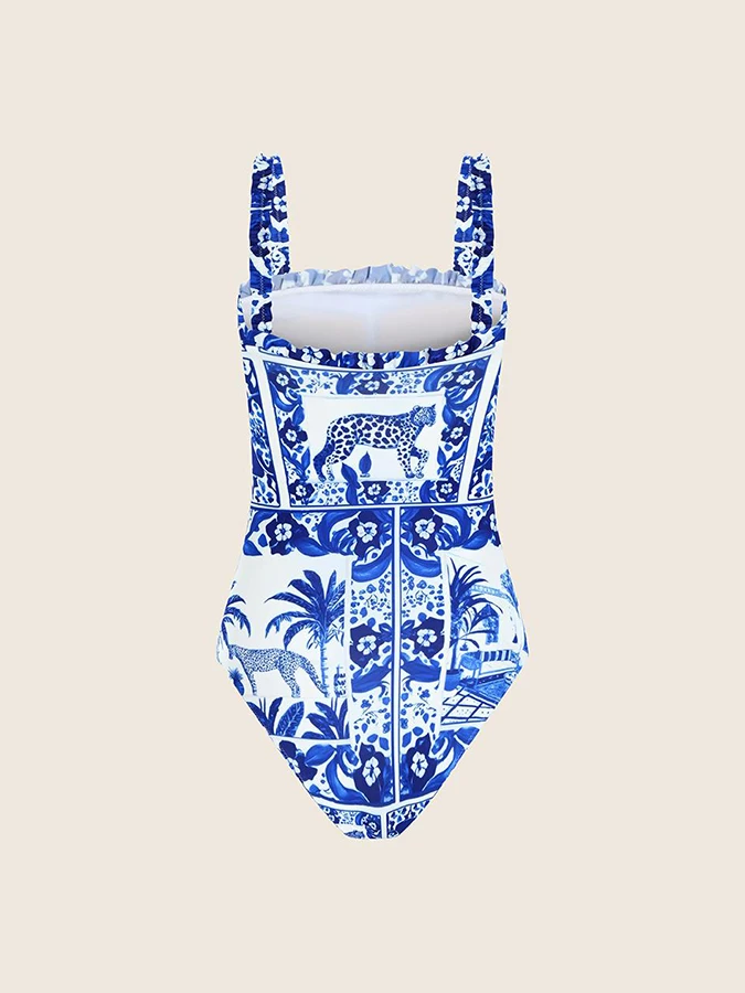 Floral Print One Piece Luxury Swimwear For Female Beach Exit Swimsuit Thin Straps Blue Bathing Suit Sexy / New Kimono 2023