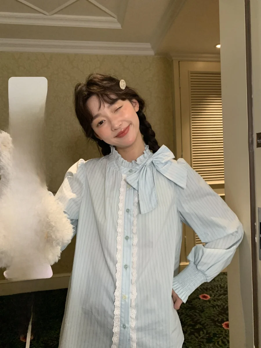 

Spring New Sle Women's Striped irt Sweet Sle Loose Fit Cotton 00% Bubble Sve Embroidered Lace Knot Jiang Jam