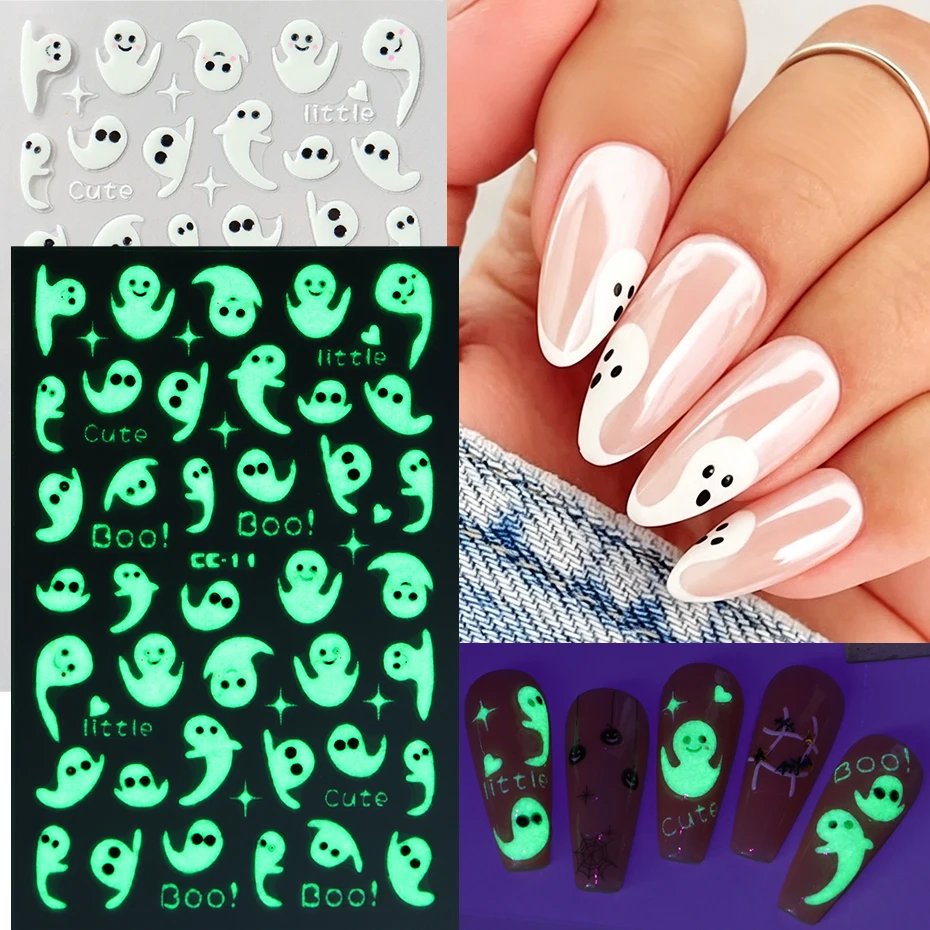2pcs Luminous Ghost Halloween Nail Art Stickers Kawaii Spooky Little Ghost Nail Decals Night Glow Halloween DIY Nail Decorations
