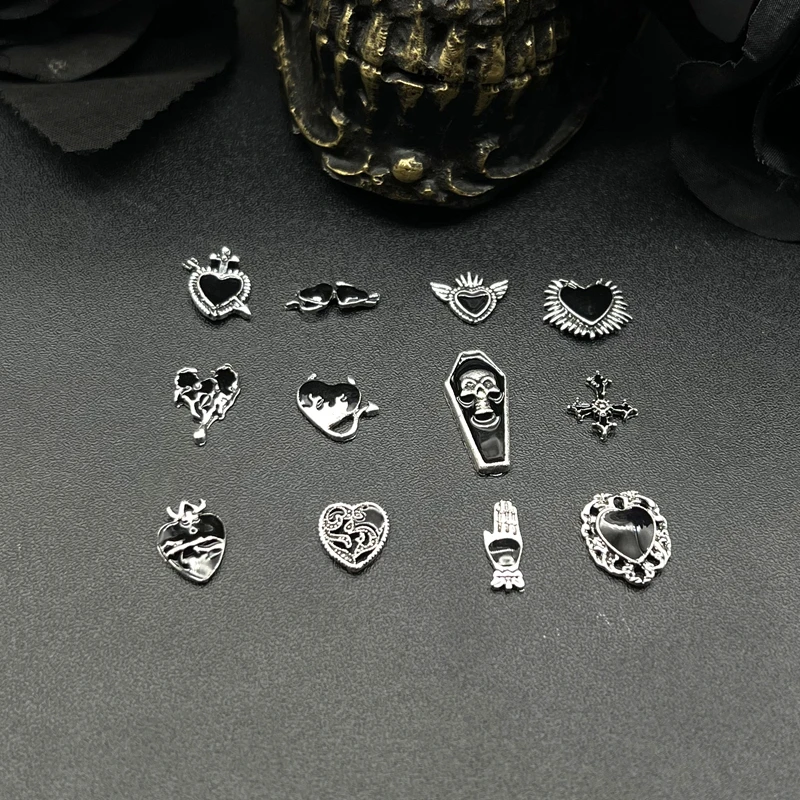 10Pcs 3D Retro Black Skull Devil Heart Nail Charms Goth Cross Palm Halloween Style Nail Art Accessories for DIY Cool Nails