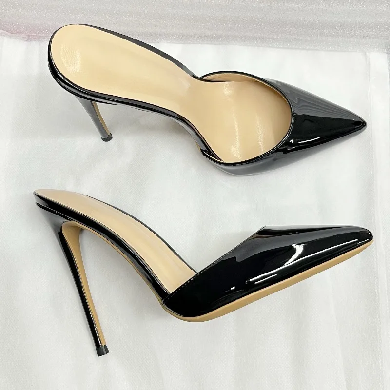 Summer black patent leather high heels with pointed toes, shallow mouth,thin heels,slippers, sexy,versatile,plus size lazy shoes