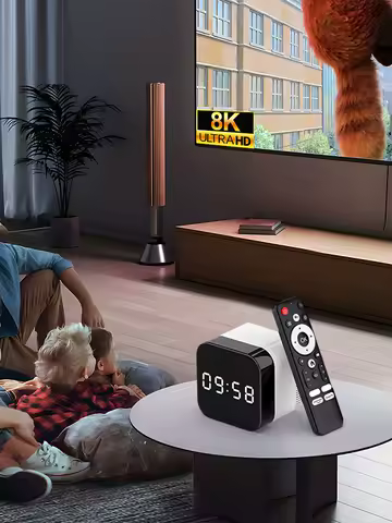 Set Top Box Android 14.0 WIFI 6 BT 5.X Android TV Box 8K Alarm Clock with 2.4G Voice Remote Control