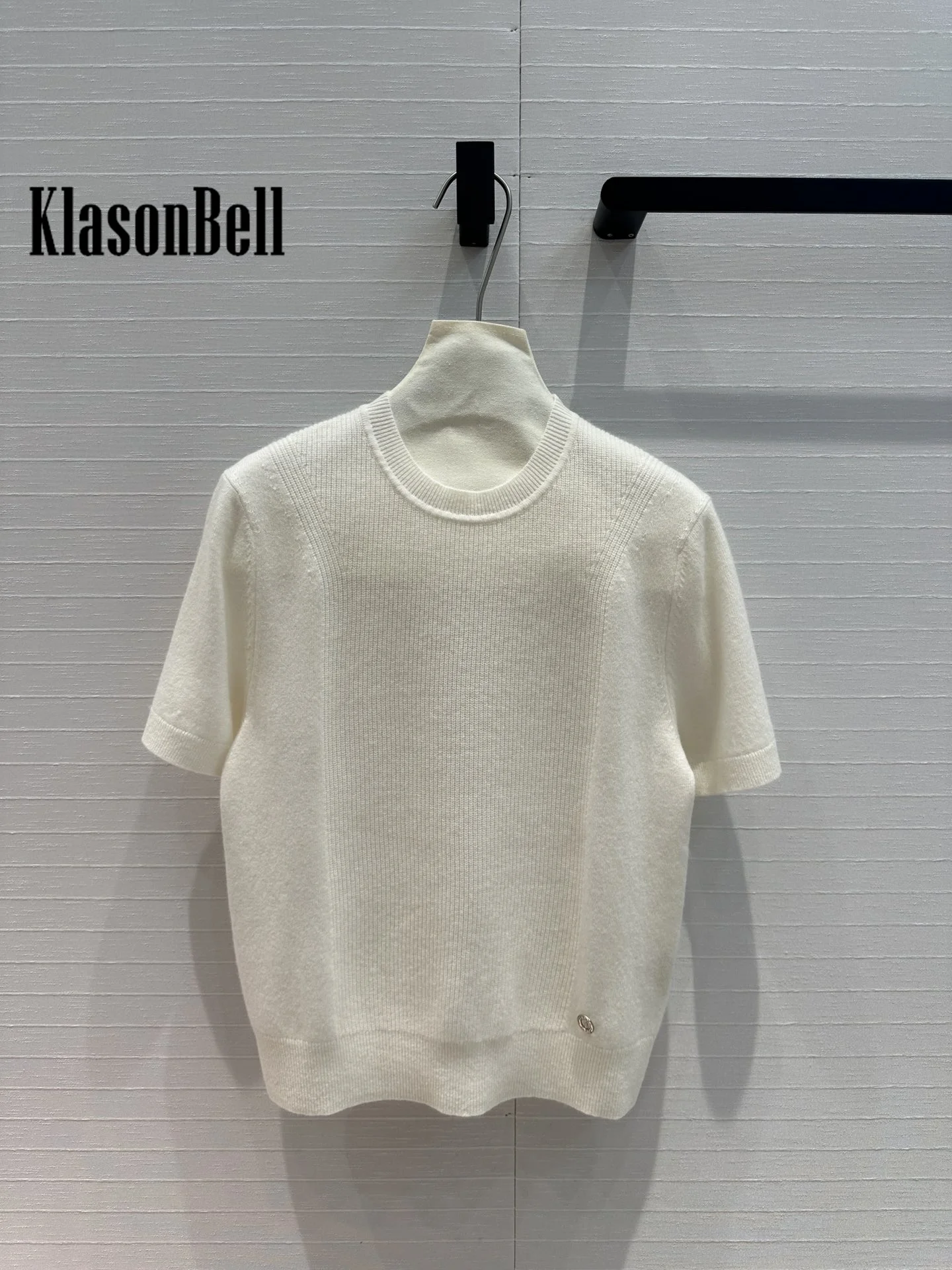 7.15 KlasonBell Women\'s Temperament Elegant O-Neck Ribbed Pullover Knitwear Top 100% Cashmere Short Sleeve Sweater