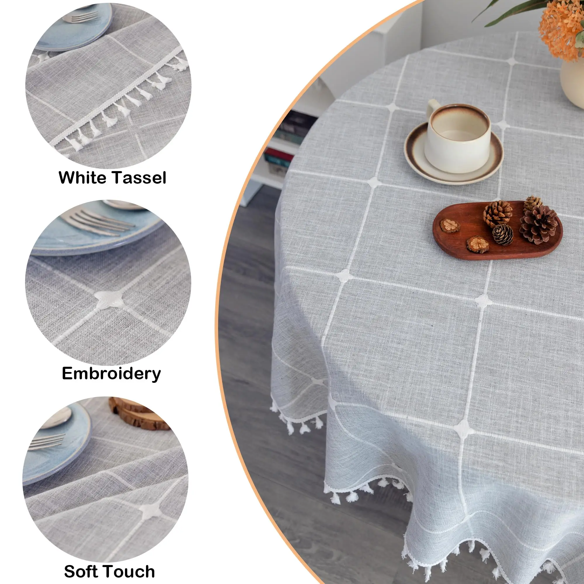Cotton Linen Round Tablecloth, Boho Washable Plaid Table Cover with Tassels Farmhouse Rustic Table Cloths for Party Wedding 3