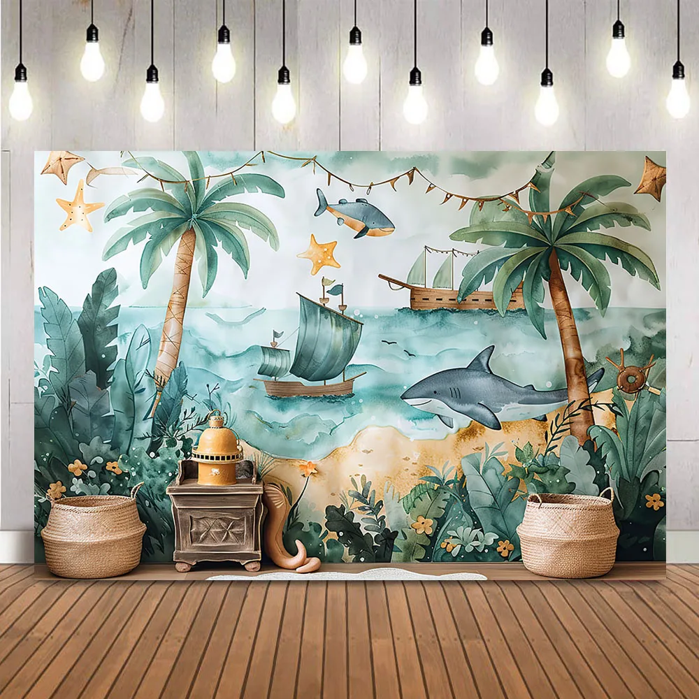 Shark Palm Trees Pirate Treasure Photography Backdrop Baby Kids Cake Samsh Photo Background Whimsical Ocean Theme Banner