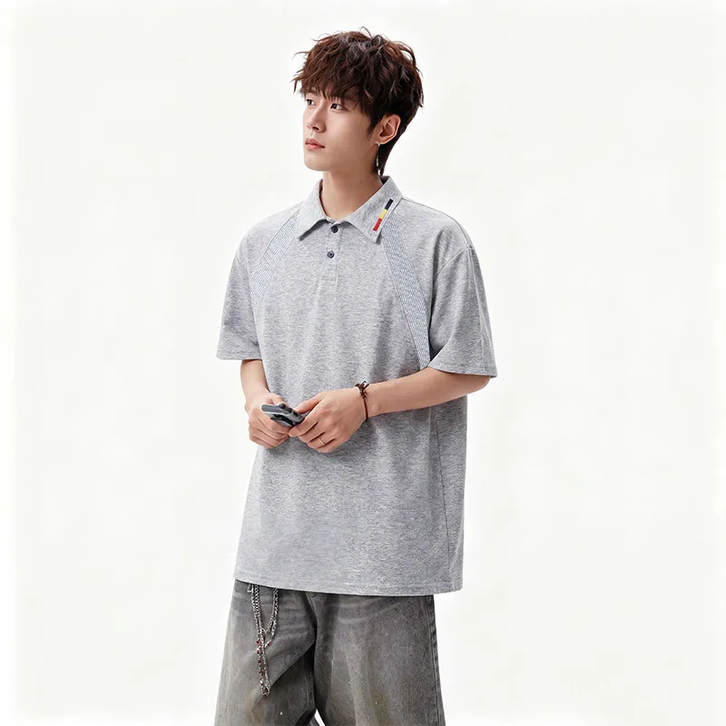 Summer Men's Mamba Cotton American Cut-Edge Patchwork Ribbed Short-Sleeve T-Shirt Polo