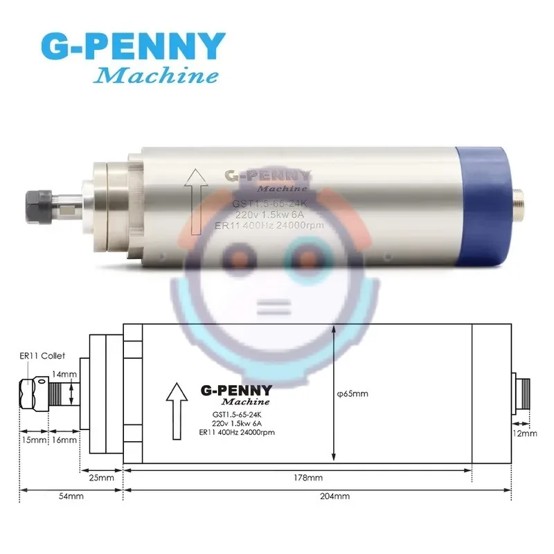 hot G-Penny 1.5KW ER11 CNC Router Spindle Motor Air-Cooled 220V 24000RPM 0.46Nm Torque Grease Lubricated 65mm Bearing 400Hz