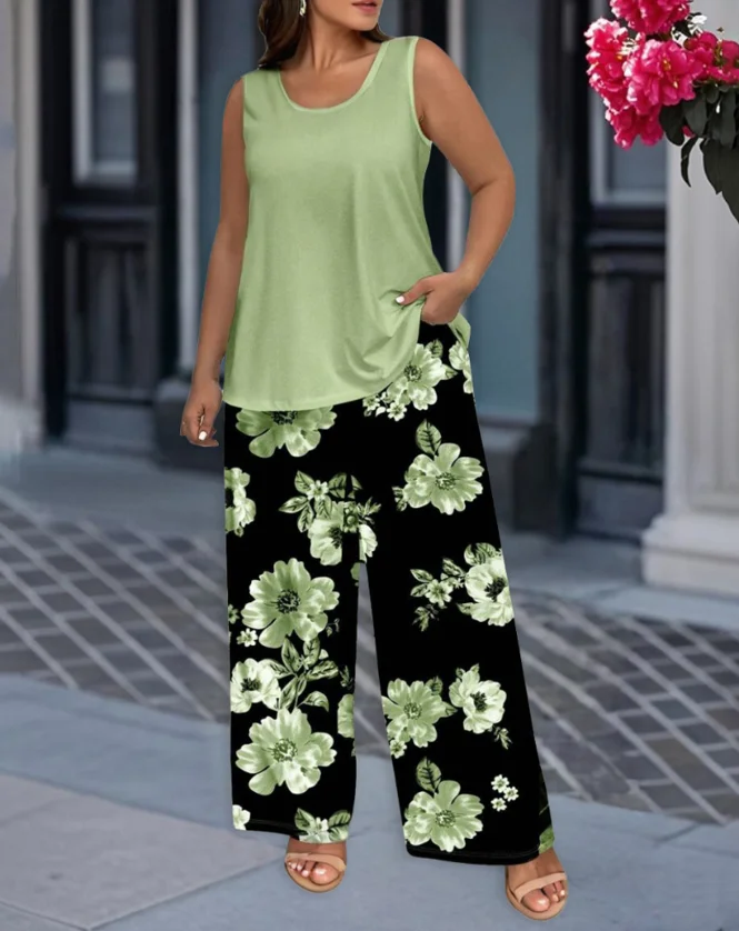 موضة جديدة 2025 الصيف 2 قطعة مجموعات الزي النسائي الجولة الرقبة أكمام تانك القمم ومجموعة السراويل طباعة الأزهار عادية