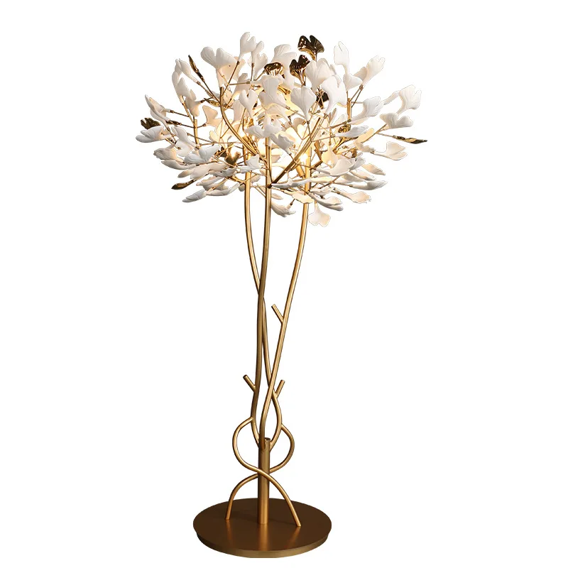 All-copper ceramic ginkgo leaf floor lamp classic high-end Internet celebrity villa hotel lobby floor lamp upgrade