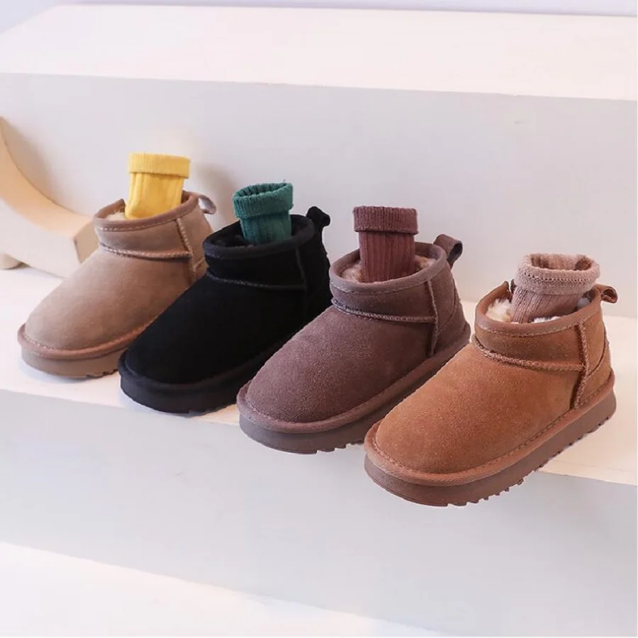 

Children's Genuine Leather Snow Boots Girls' New Winter Fashion Plush Thick Boys' Short Boots Baby Warm Casual Cotton Boots 22-3
