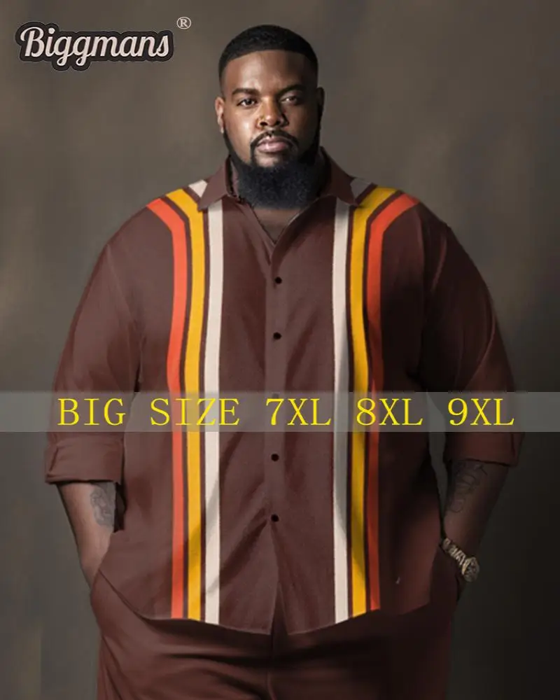 Biggmans Plus Size L-9Xl for Men's Clothing Casual Gentleman Long Sleeved Pants Brown Colorblock Lapel 2 Shirt Top 7Xl 8Xl 9Xl