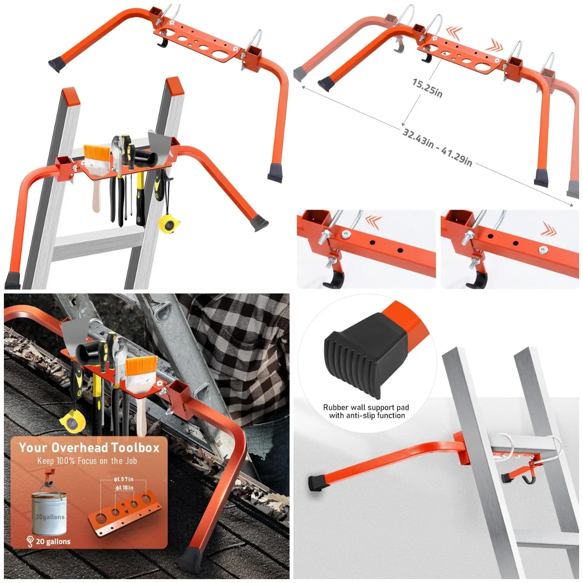 

Adjustable Ladder Stabilizer with Tool Tray & Hook - Heavy Duty Roof Gutter Guard, Universal for Gutters/Windows