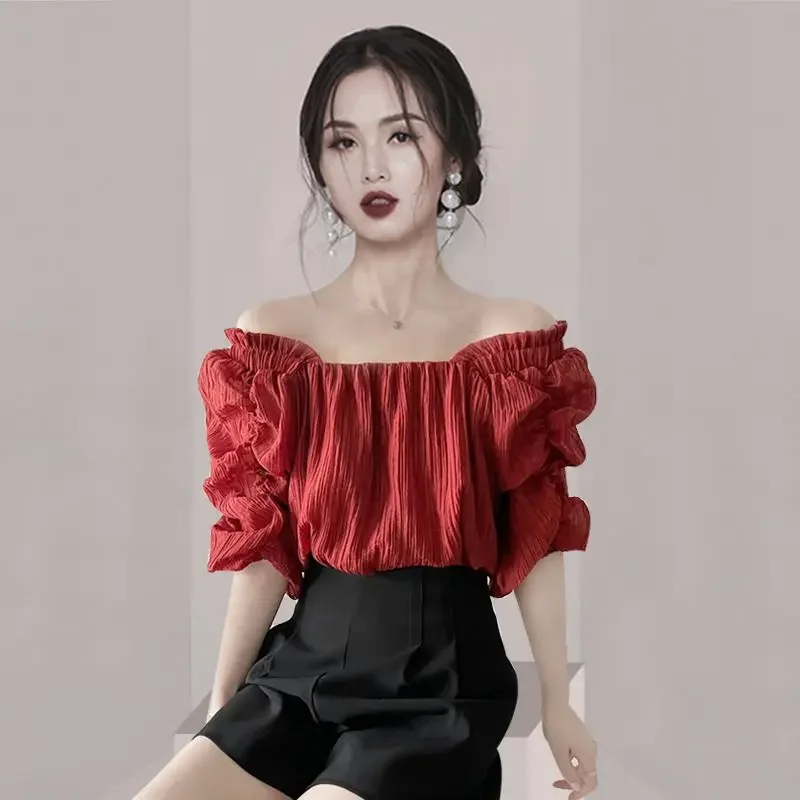 

Summer New Casual Pullovers Office Lady Shirt Sweet Square Collar Shirring Ruffles Puff Sleeve Blouse Female Clothing 2025