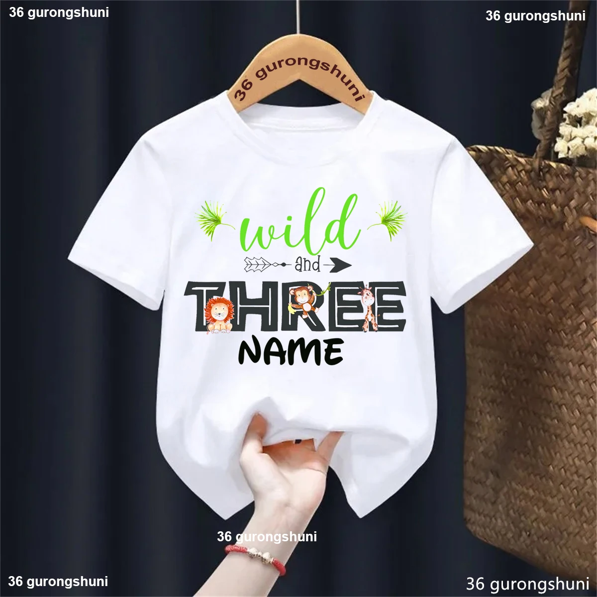 

Custom Name Wild And Three Lion Monkey Giraffe Printed T Shirt Girls/Boys Kawaii Kids Clothes Solid Summer Tops Tee Shirt
