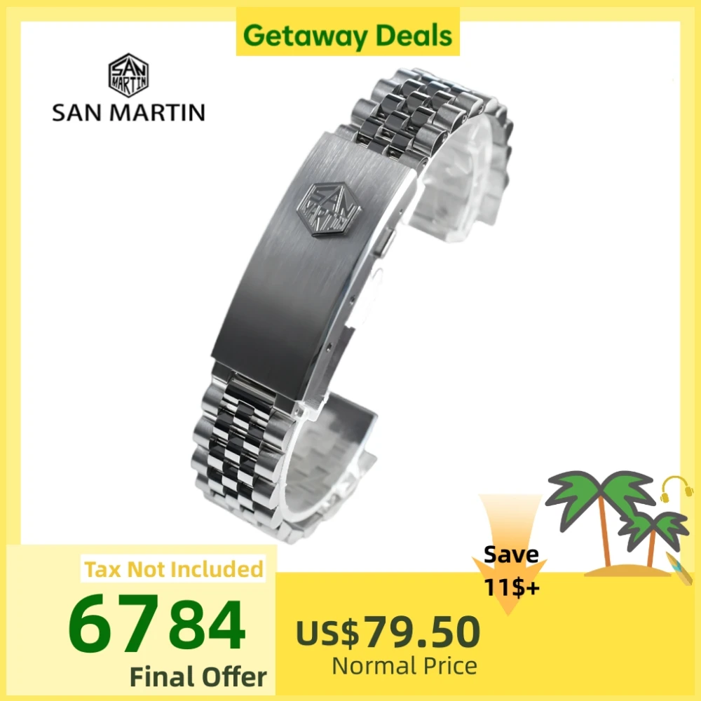 

San Martin 20mm 5-Link Jubilee Bracelet Solid 316L Stainless Steel Fly Adjustable Clasp Curved End Links Fit For SN0008 / SN0128