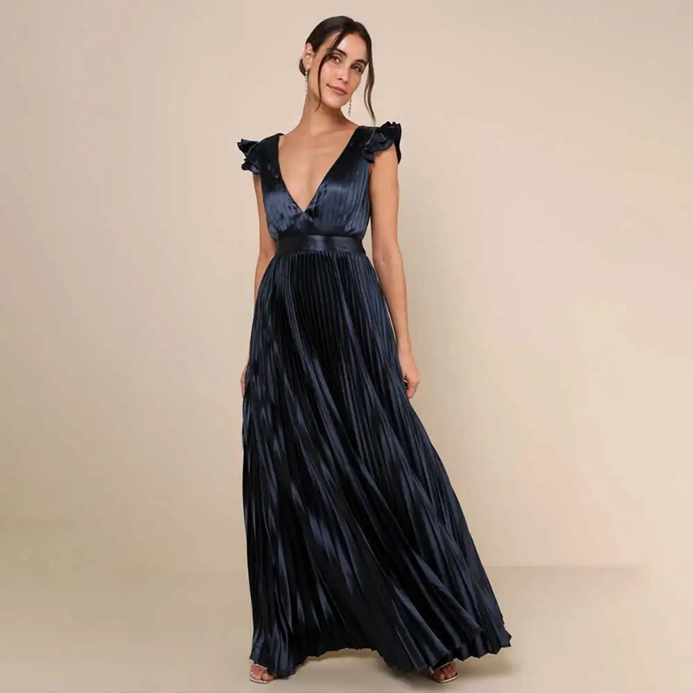 

Вечернее платье с v-образным вырезом для женщин, элегантное платье для выпускного вечера без рукавов с рюшами, трапециевидное вечернее платье на шнуровке с открытой спиной, модное индивидуальное платье