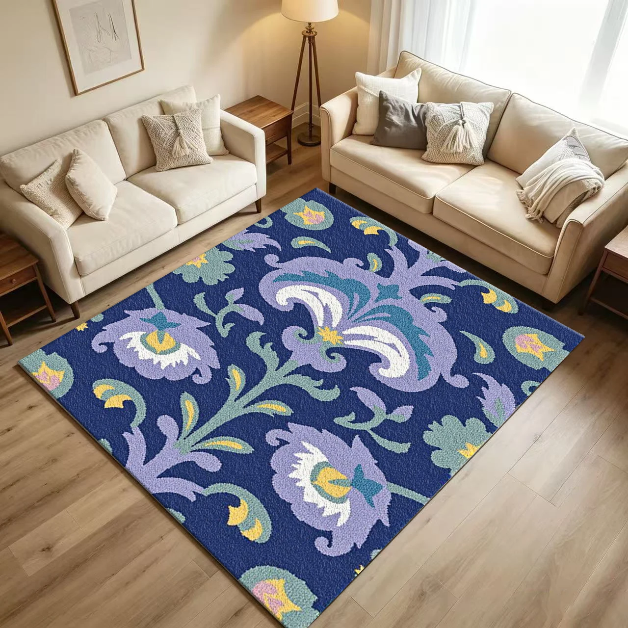 Vintage Folk Art Floral Carpet Flooring Deep Blue Base Purple Turquoise Ornamental Flower Repeating Pattern Printed Floor Rug for Household Home Decoration