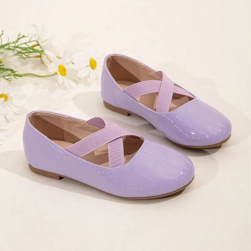 Girls' Glitter Patent Leather Ballet Flats Crisscross Elastic Strap Round Toe Dance Party Performance Ballet Slip on Boat Shoes