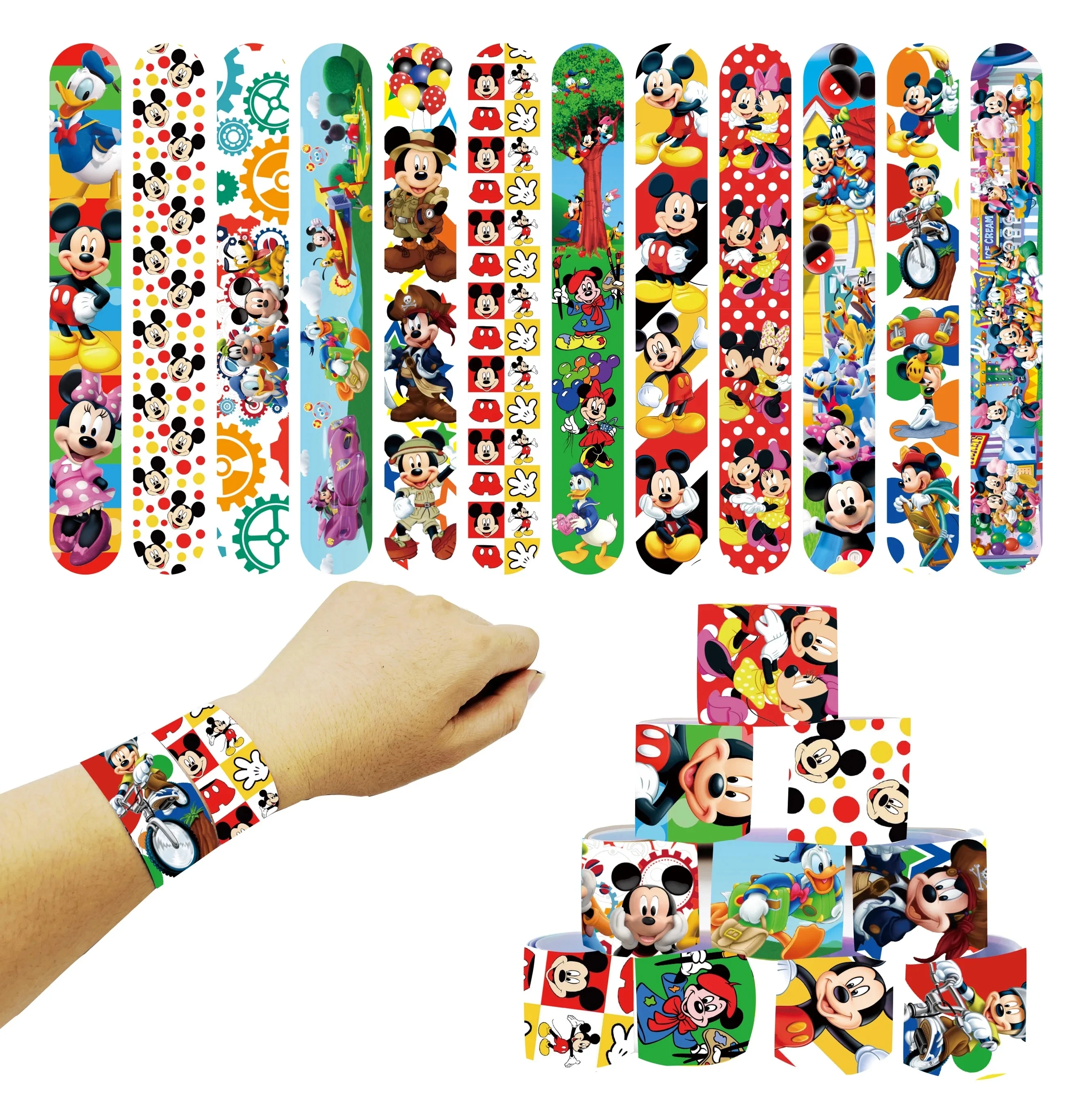 Pulsera de bofetada con tema de Mickey Mouse, suministros para fiestas, pegatina de botella de máscara de papel para niños, pulseras de fiesta, regalos de fiesta de piñata, Decorati