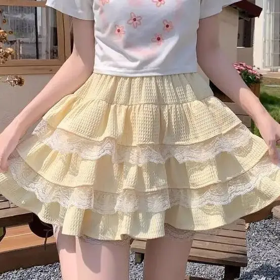 Japanese Sweet Chiffon Lolita Blue Yellow Mini Skirt Women'S Spring Summer High Waist Cake Skirt Ruffles Above Knee Skirts