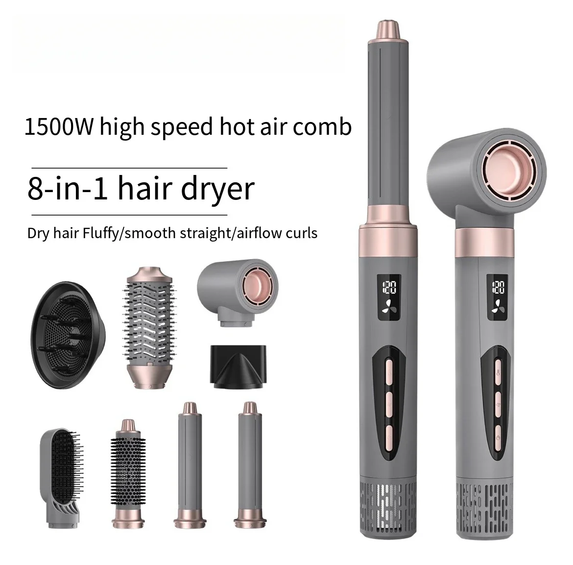 Professional New 8-in-1 High-speed Hair Dryer Brushless Automatic Hair Curler Hot Air Comb LCD Display Temperature Negative Ions