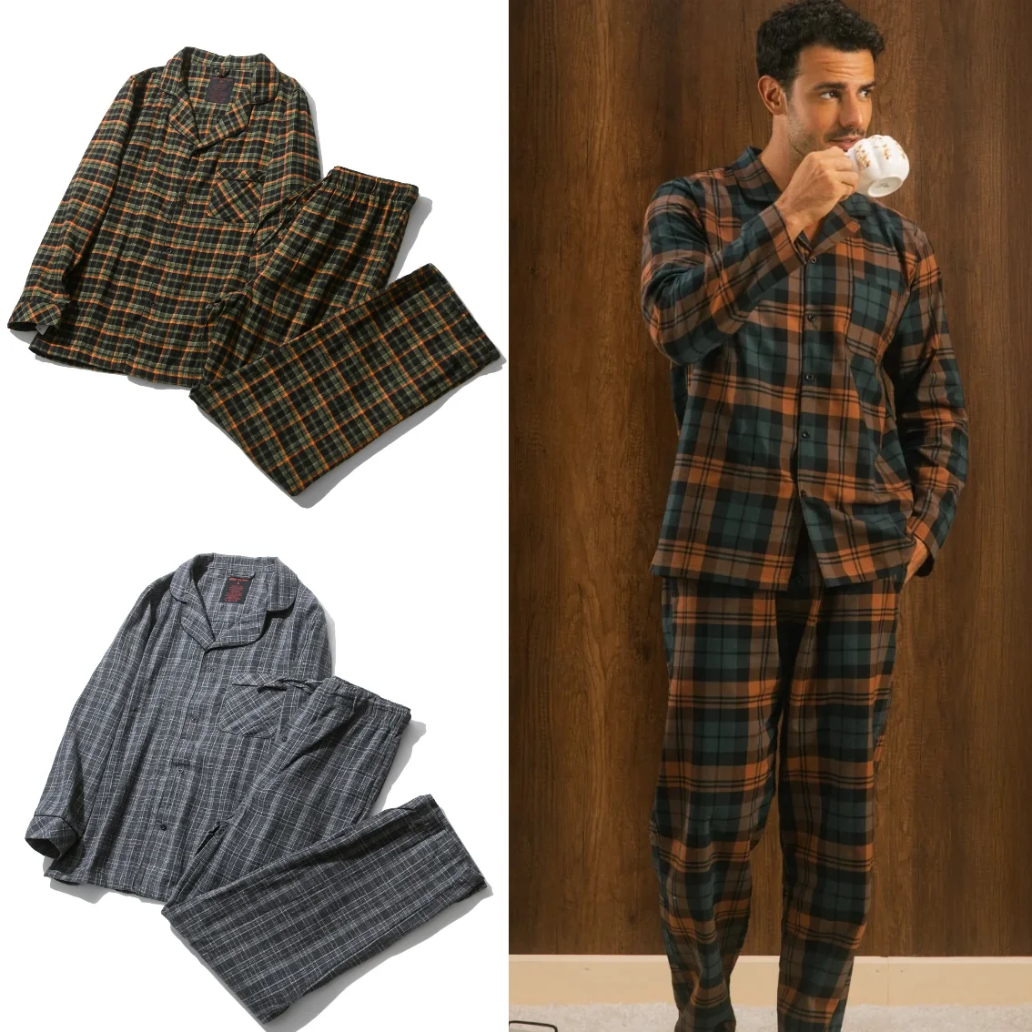 Ultra Comfortable Washed Cotton Men's Sleepwear Set Home Leisure Long Sleeve Pocket Design Straight Leg Pants Warm Flannel