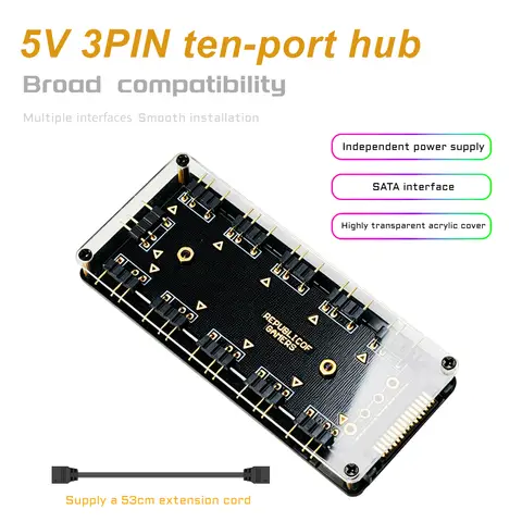 10 Port 5V 3PIN ARGB Fan Hub SATA Powered RGB Splitter for PC Case Addressable RGB Fan Light Strip
