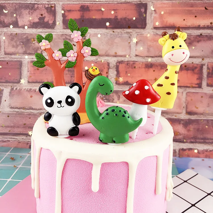 Woodland Cartoon Animal Cake Decor Lion Tiger Elephant Giraffe Dinosaur Soft Pottery Cake Topper Happy Birthday Party Deocr Kids