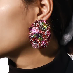 Stonefans Pink Crystal Round Ear Clip Earrings Bridal No Piercing Jewelry Fashion Lady Rhinestone Clip on Earrings Wedding Gifts