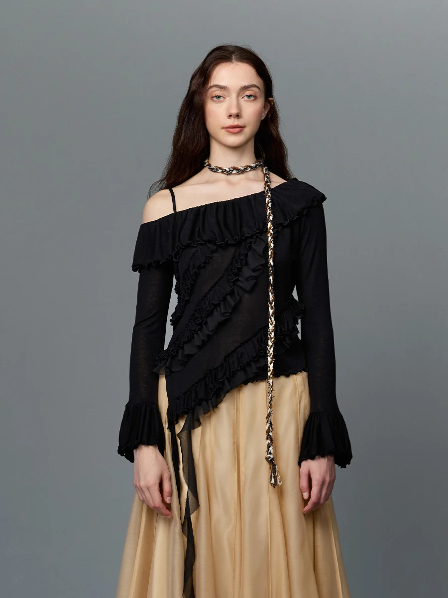 

ClinkClunk Autumn Winter Irregular oulder Long Sve Women's Top Ele Sensation Gathered Waist Blouse New Arrival