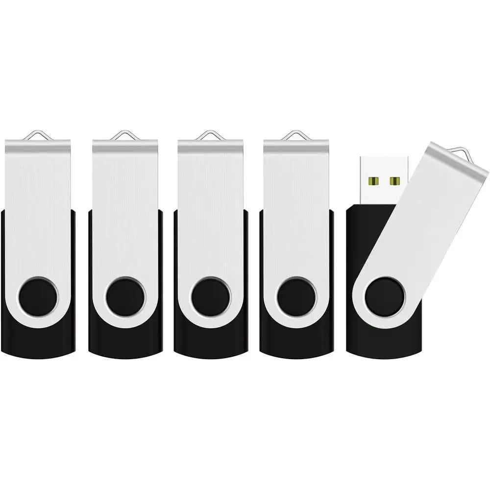 128GB 5-Pack USB Flash Drives with 360° Swivel Cap and Lanyard for Data Transfer - Black