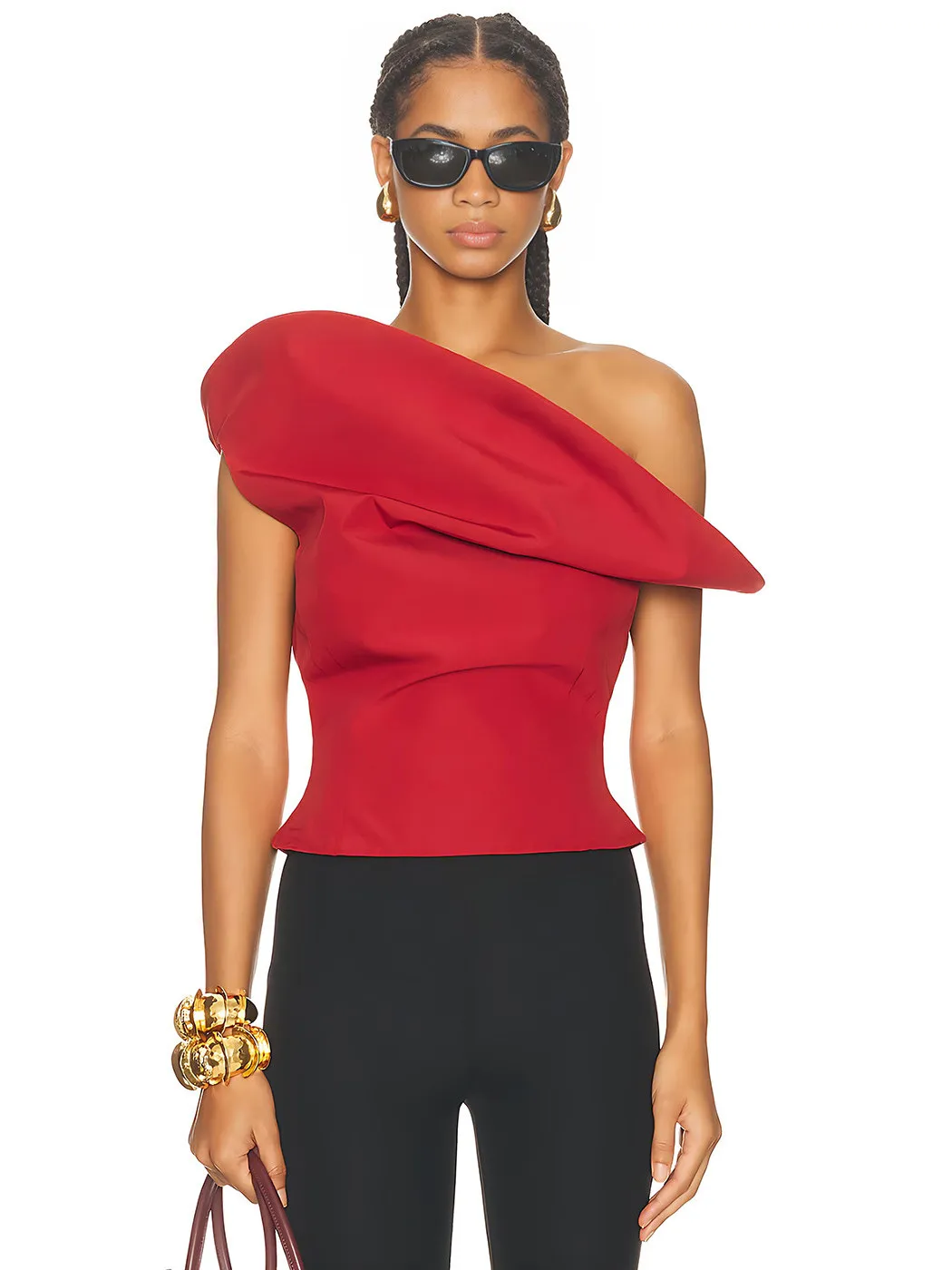 Red Asymmetrical Shoulder Design Tank Top Women's Sexy Side Slip T-shirt French Style Slim Fit Pure Color Polyester Fiber