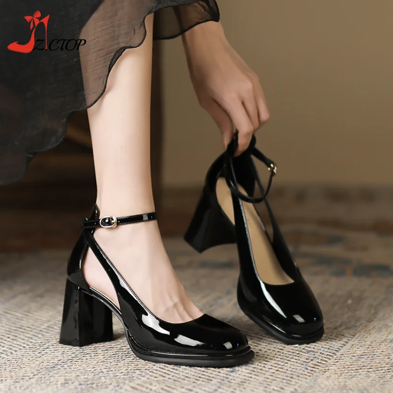 

Black Ankle Strap High Heels Women Pumps Summer Fashion Chunky Heeled Mary Jane Closed Toe Sandals Ladies Beige Party Shoes