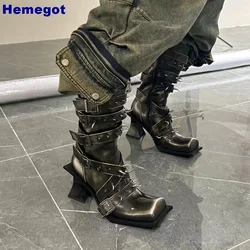 Square Toe Metal Rivet Knight Boots 2024 New Punk Weird Heel Knee-High Western Boots Fashion Ladies Street Style Sexy Long Boots