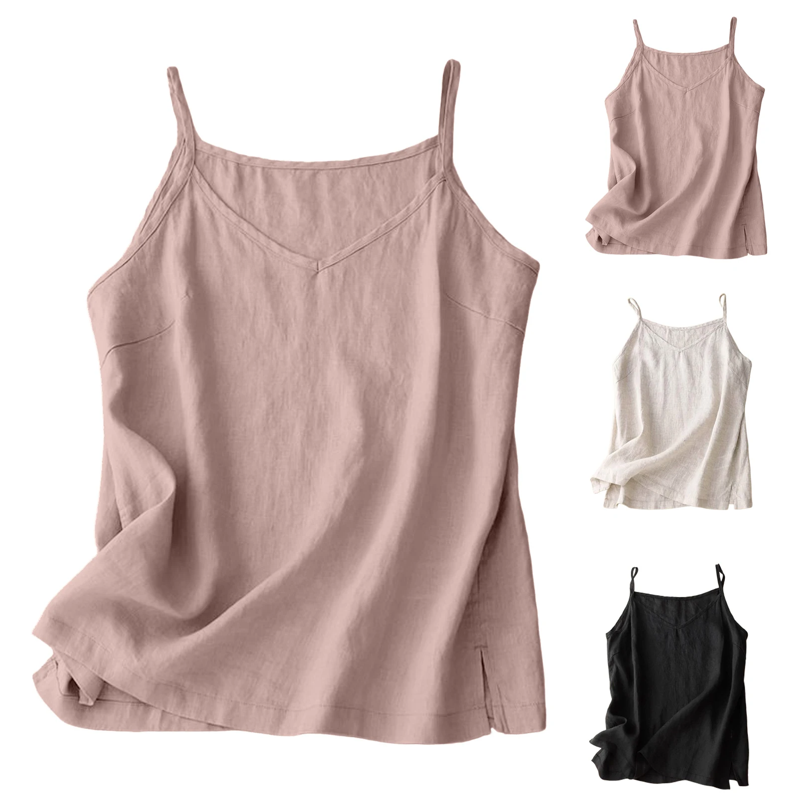 Women‘s V Neck Spaghetti Strap Camisole Side Slit Sleeveless Sexy Summer Casual Tank Tops For Women Breathable Everyday Wear